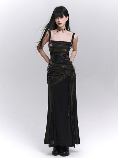 Black Lace Patches Waist Drawstring Hip Sleeveless Dress