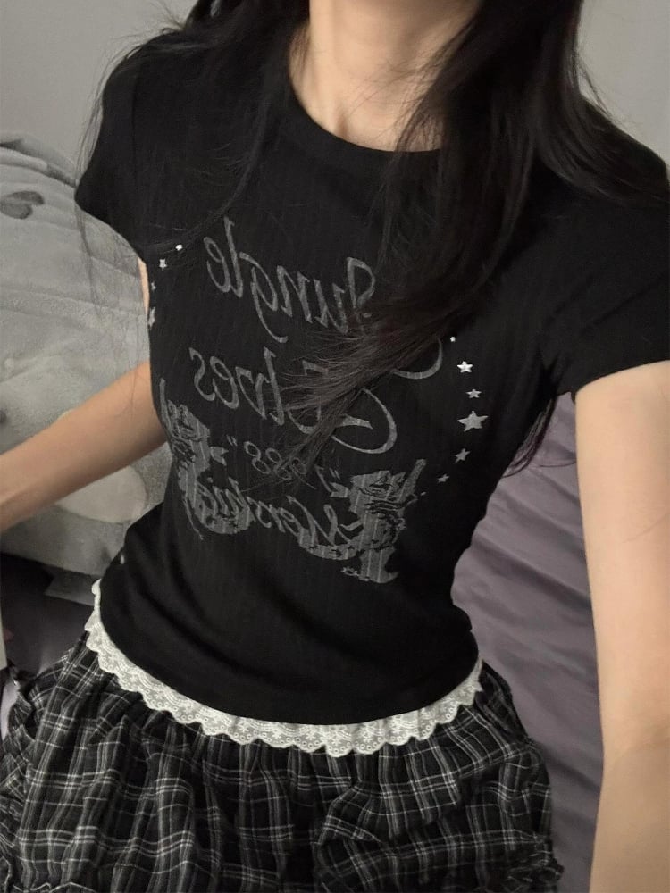 Black Alt Everyday T-shirt with Lace Trim