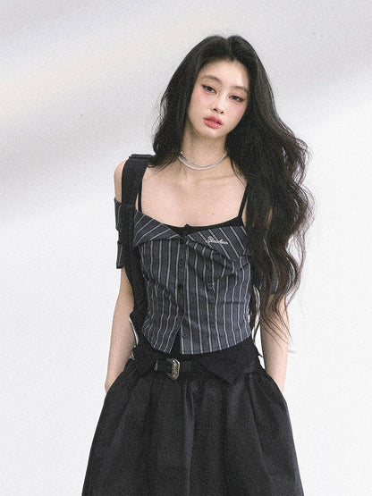 Off-the-shoulder Neckline Black and Gray Striped Top Faux Two-pieces