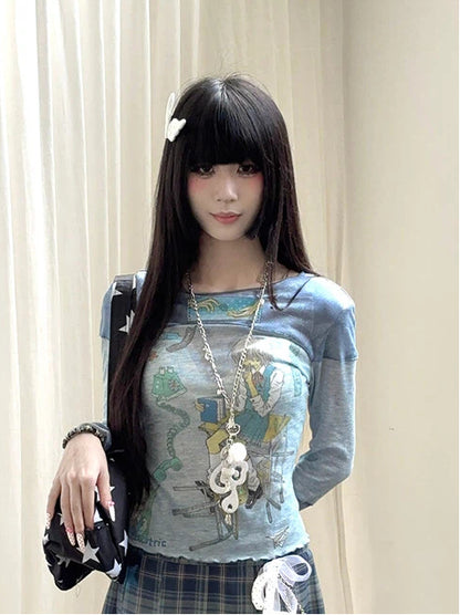 Blue Round Neck Top with Cartoon Print