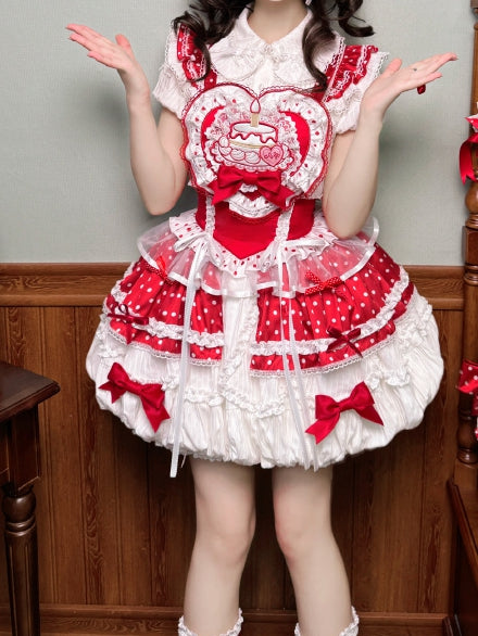 White and Red Polka-dot Cake Embroidery Sweet Lolita Overall Dress Big/Small Bubble Skirt
