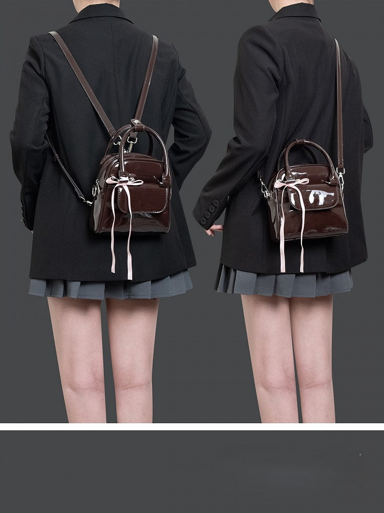 Kawaii 3-Way Glossy Chocolate Brown Backpack With Ribbon Bow