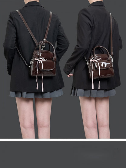 Kawaii 3-Way Glossy Chocolate Brown Backpack With Ribbon Bow