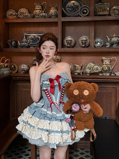 Blue Sweet Lolita Lace-up Boned Corset Top + Skirt + Bolero Full Set