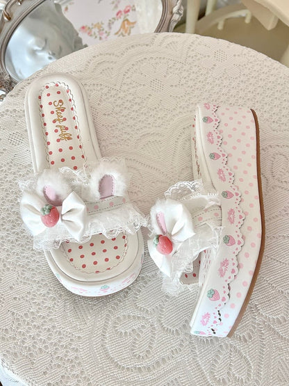 White Sweet Lolita Bow Accents Lace Trim Plush Bunny Ear Platform Slippers