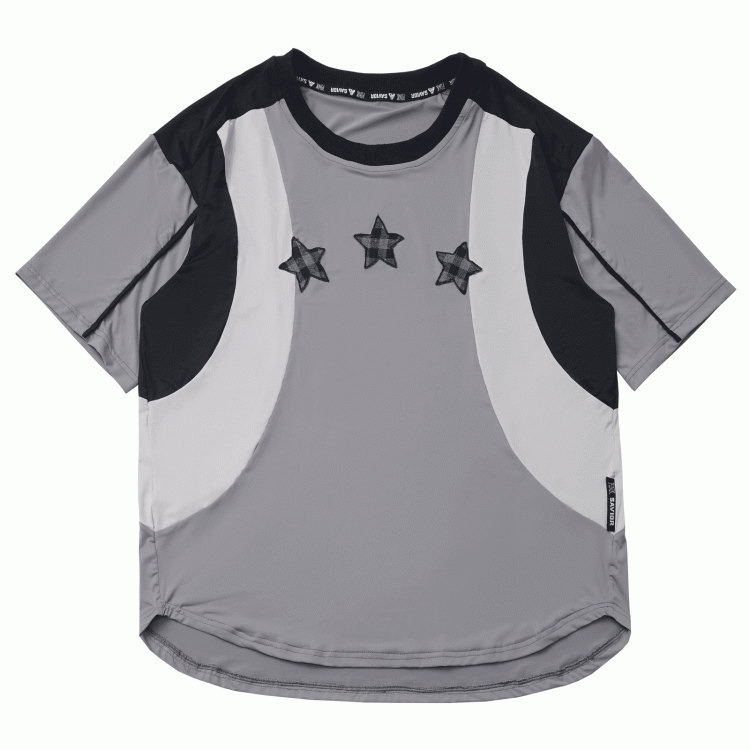 Black/Gray Colorblock Design Plaid Star Appliques Round Neck Sports T-shirt