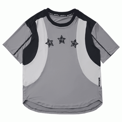 Black/Gray Colorblock Design Plaid Star Appliques Round Neck Sports T-shirt