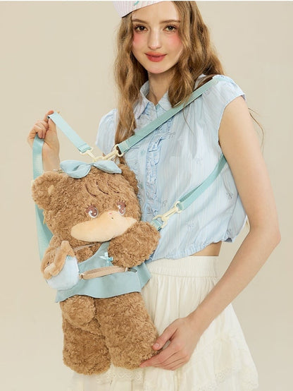 Kawaii Brown & Blue Bear Plush Backpack / Crossbody