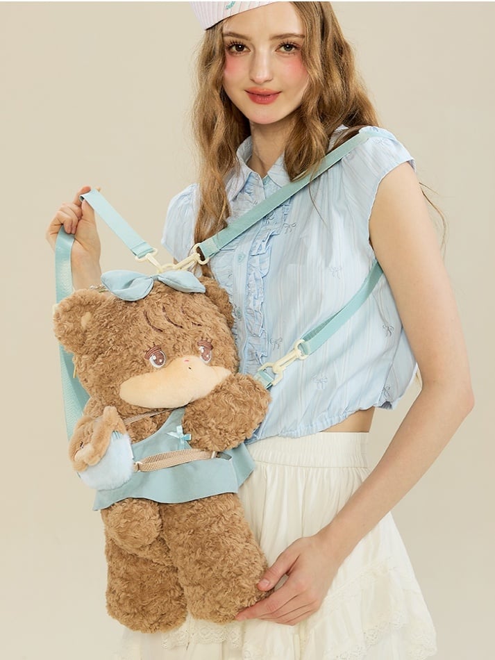 Kawaii Brown & Blue Bear Plush Backpack / Crossbody