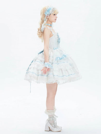 White and Blue Sweet Bow Accents Princess Lolita Jumper Skirt