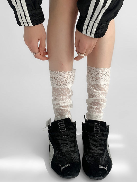 White Floral Embroidery Lace Trim Calf Socks