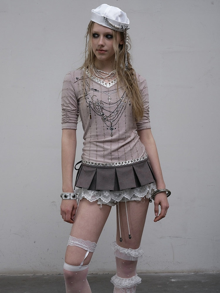 Pink/Blue Wasteland Punk V-neck Rhinestone Necklace Design Striped Pattern Long Sleeves Top