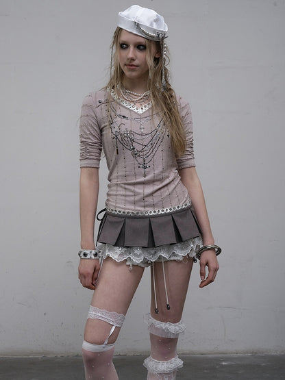 Pink/Blue Wasteland Punk V-neck Rhinestone Necklace Design Striped Pattern Long Sleeves Top