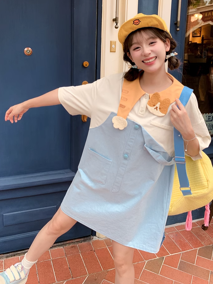 Adorable Kitty Collar Blue and White Colorblock Design Dress Faux Two-pieces