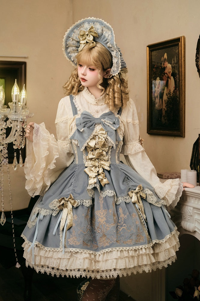 Bows Decoration Candle Embroidery Blue Velvet Dress Lolita JSK / Set