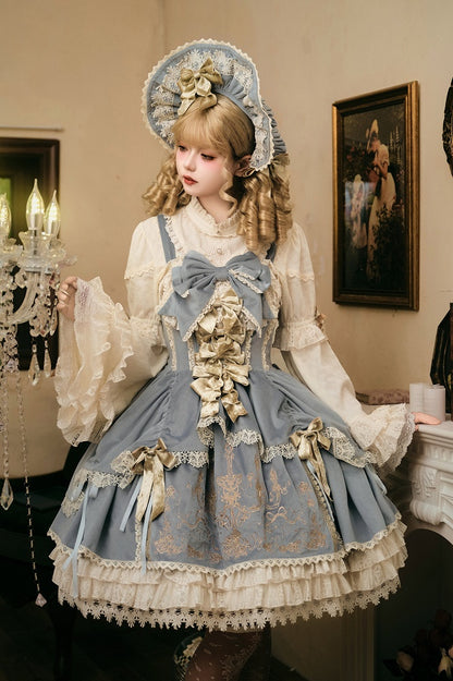 Bows Decoration Candle Embroidery Blue Velvet Dress Lolita JSK / Set