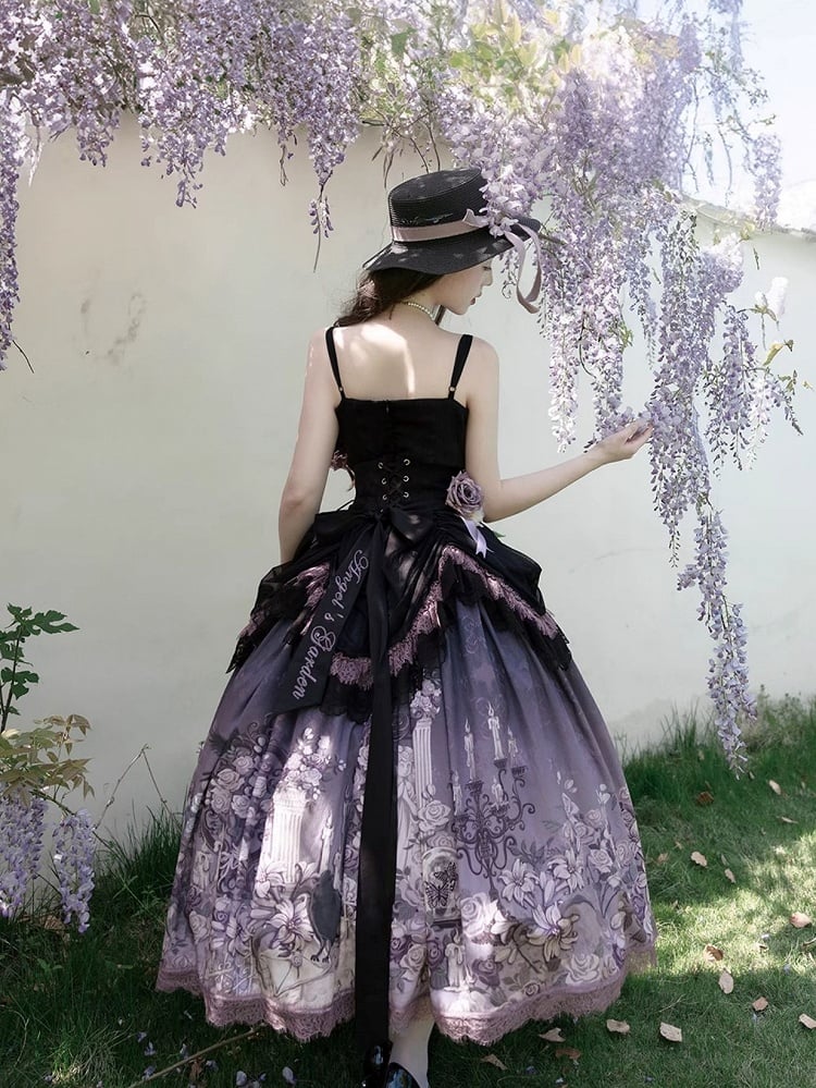 Black & Purple Ruffled Elegant Classic Lolita Top + Floral Print Skirt with Lace Trim Set
