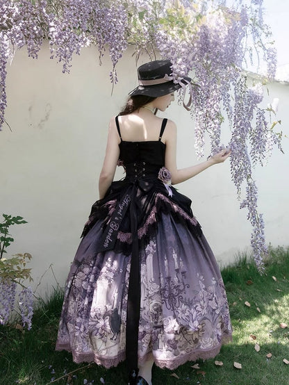 Black Ruffled Elegant Classic Lolita Cami Top with Purple Flowers Accents