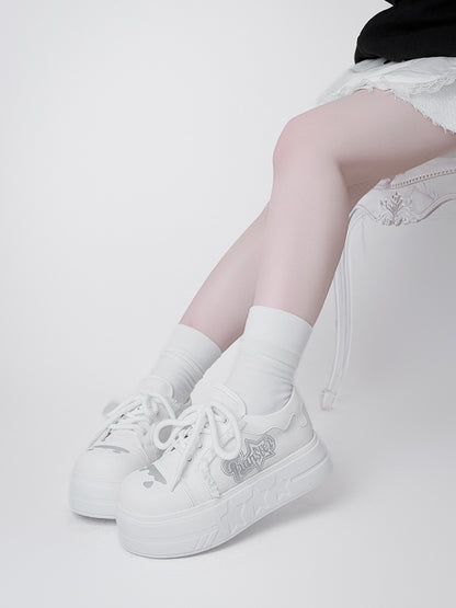 Letter Print, Raw Hem Details & Secure Lace Closure White Platforms in Otaku Style
