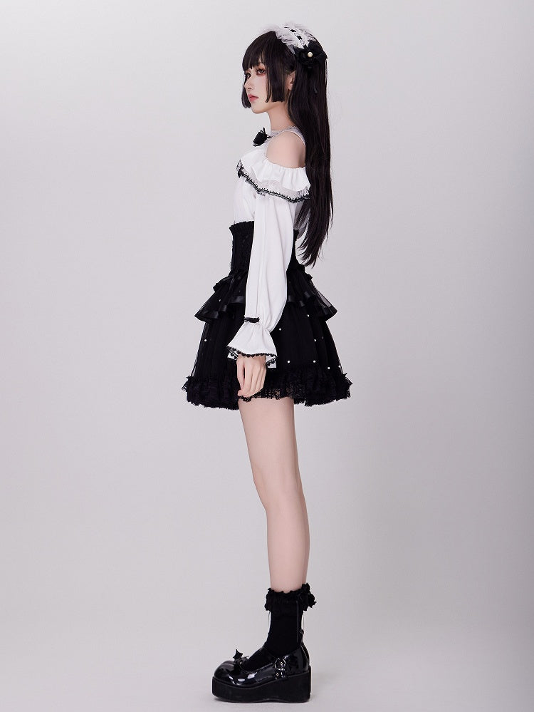 Allover Bead Black High Waist Jirai Kei Skirt with Lace Up and Shirring Waist