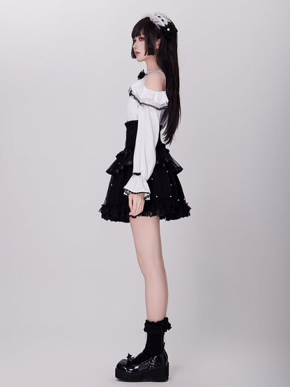 Allover Bead Black High Waist Jirai Kei Skirt with Lace Up and Shirring Waist