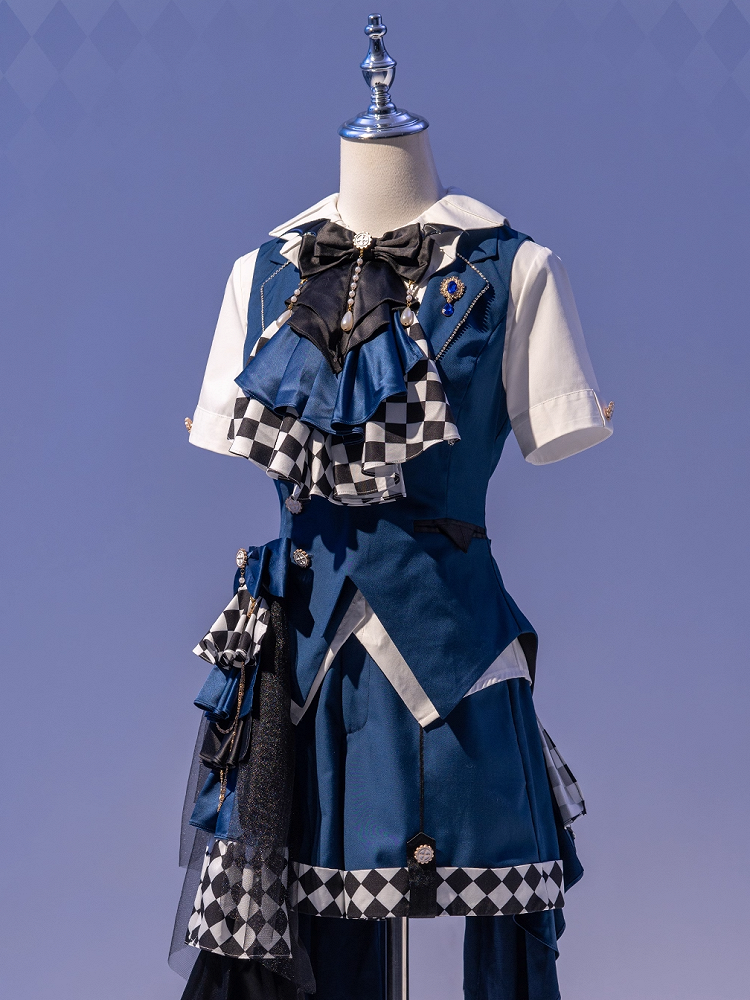 Dark Blue Foldover Collar Curved Hem Prince Style Ouji Lolita Waistcoat with Free Brooch