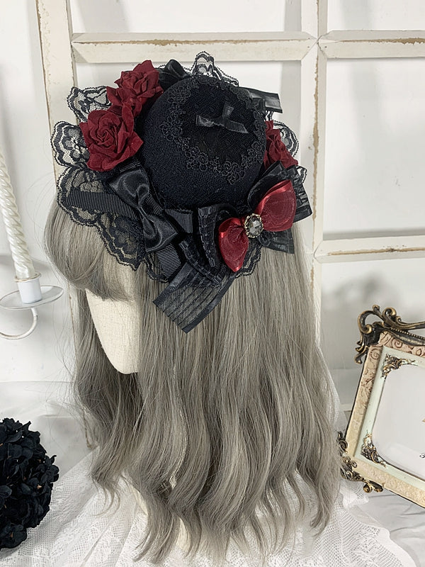 Gothic Elegant Floral Design Bowknots Mini Hat Black/Black and Red