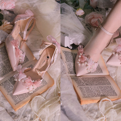 Pink Beaded Chain Pointed Toe Hime Lolita Middle Heels