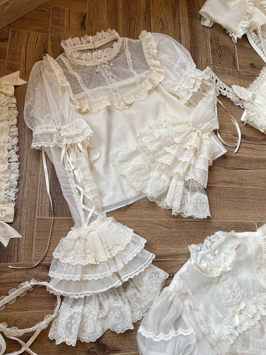 Creamy White Dotted Tulle Puff Sleeves Blouse with Detachable Sleeves