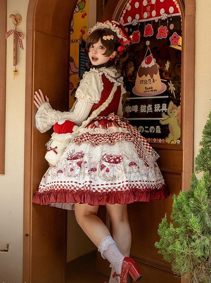 Plush Red & Beige Mushroom-Shaped Lolita Bag with Bow Accents