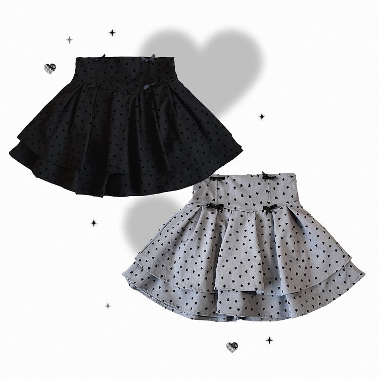 Dark Sweetness Tiered Skirt: Jirai Kei High Waist with Heart Polka Dot Pattern