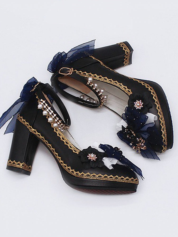 Black Bowknot and Floral 5.5CM/8CM Lolita Block Heels