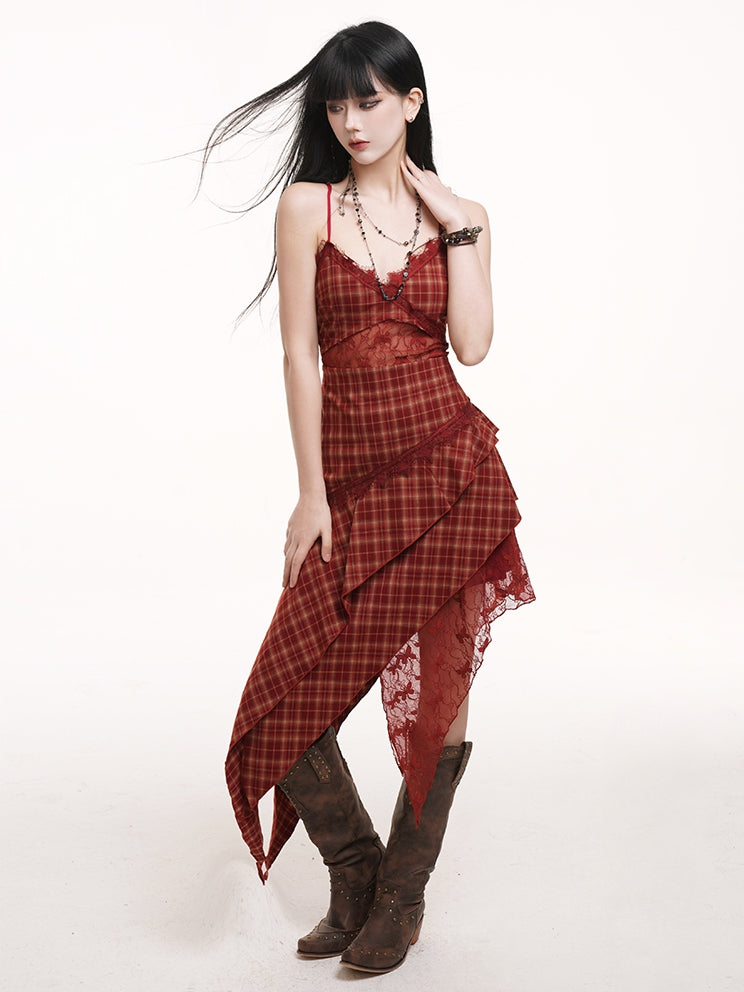 Red Plaid V-neck Handkerchief Hem Cutout Midriff Cami Dress