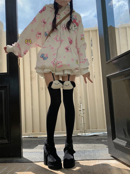 Kitty/Dog Decoration Black/White Suspender Tights