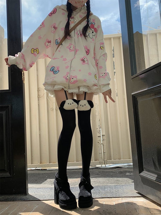 Kitty/Dog Decoration Black/White Suspender Tights