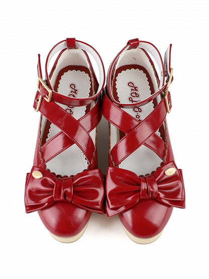 PU Red Sweet Lolita Platform Mary Janes - Crisscross Straps with Wood Grain Sole & Bow at Top