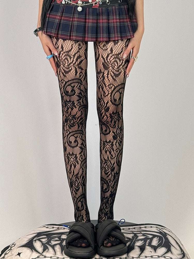 White/Black Hollow-out Design Floral Pattern Tights