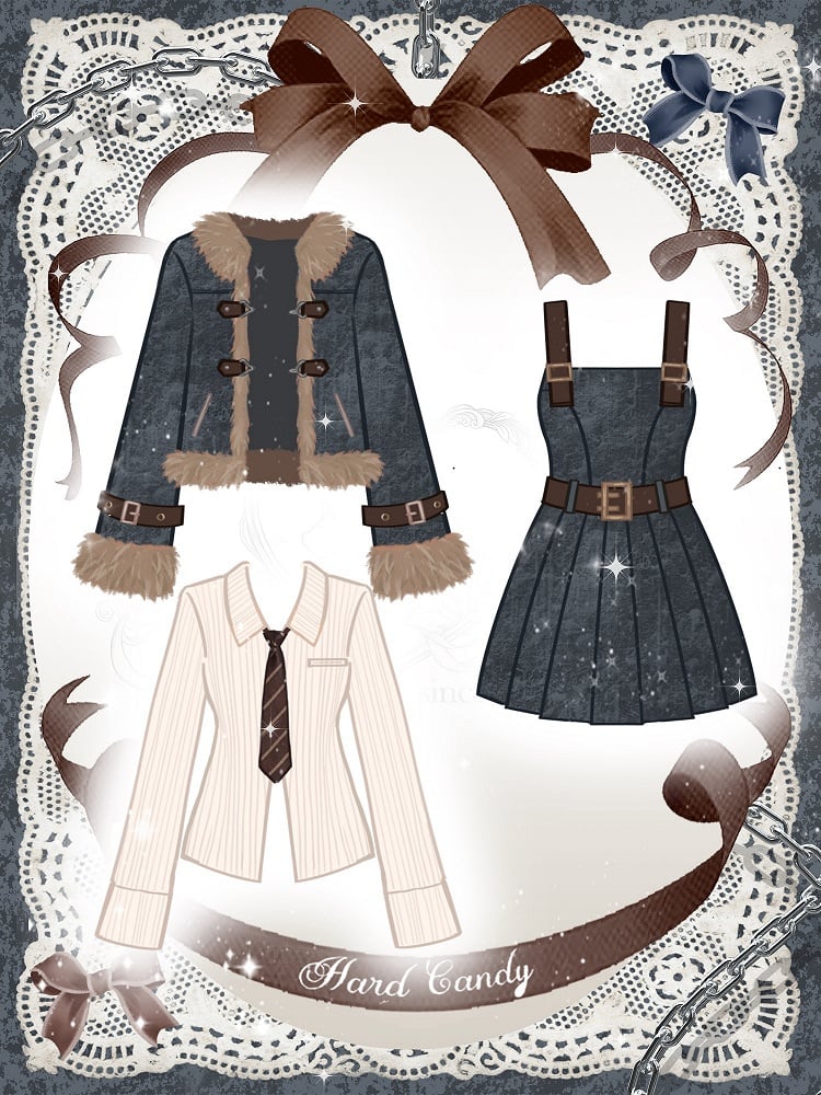 Plus Size White Shirt / Blue Denim Overalls Pleated Skirt