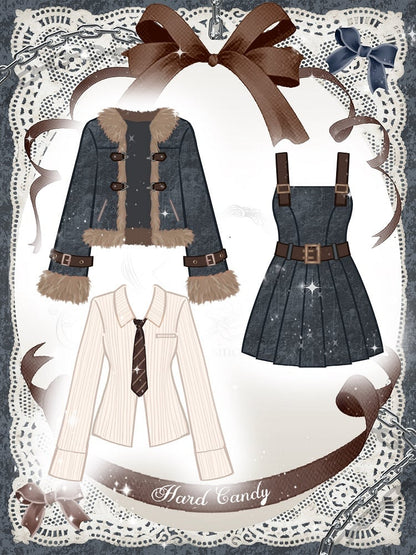 Plus Size White Shirt / Blue Denim Overalls Pleated Skirt