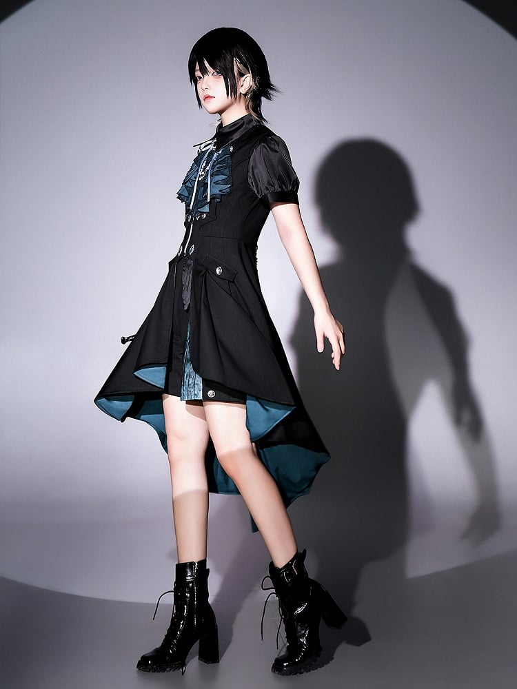 Clearance-Size L for Waist 84CM Black Bat Wings Shape Collar Ouji Lolita Blue Lining Long Waistcoat