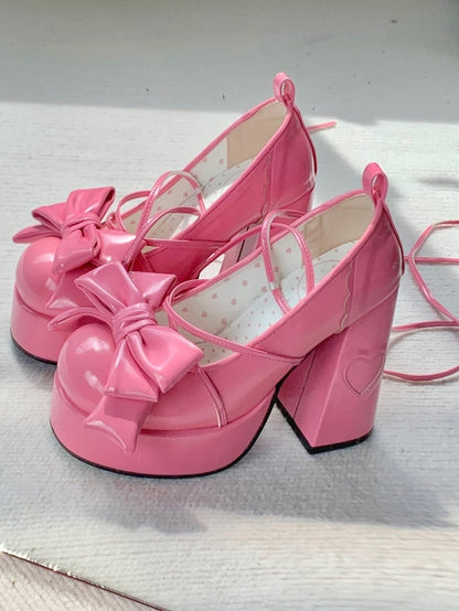 Bow Accents, Ornate Heart Buckle & Ankle Wrap Straps PU Deep Pink Platform High Block Heels in Sweet Lolita