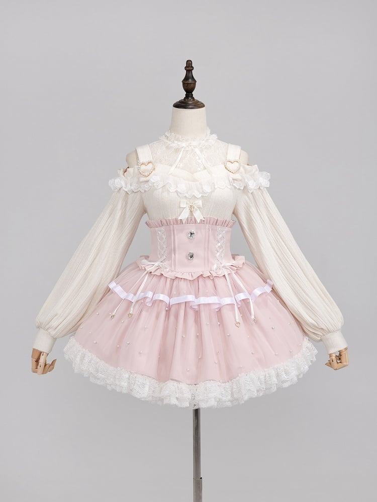 Allover Beads Pink High Waist Jirai Kei Skirt with Lace Up and Shirring Waist