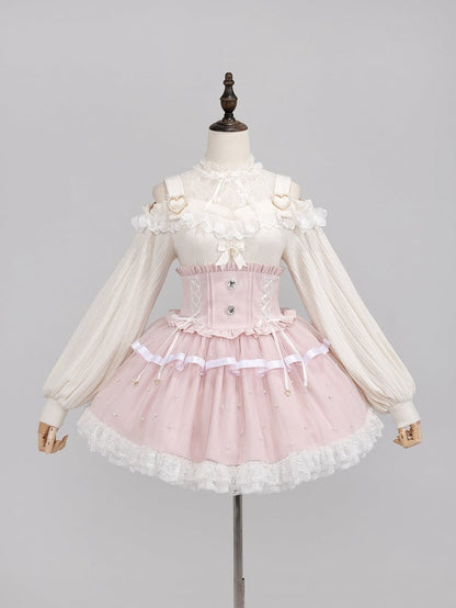 Allover Beads Pink High Waist Jirai Kei Skirt with Lace Up and Shirring Waist