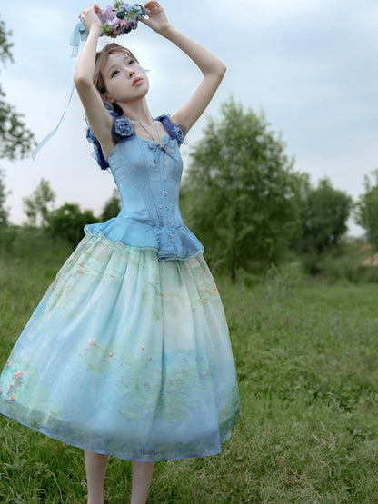 Sky Blue Flounce Hem Boned Corset Top with Detachable Floral Adornments