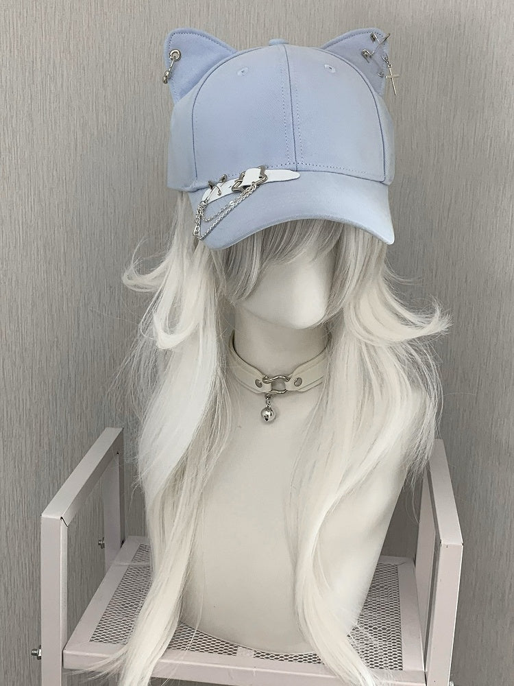 Blue/Black/Yellow Cross Charm Pin Decorated Star Buckle Kitty Ear Cap