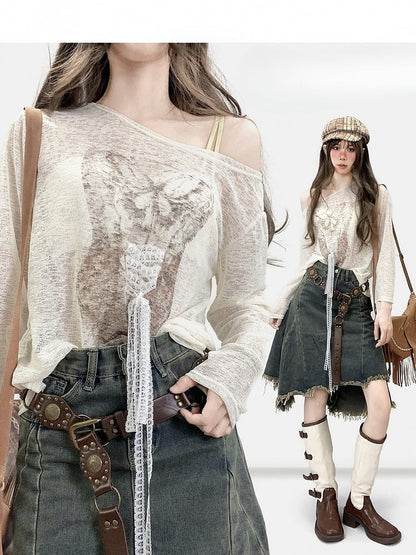 Apricot Lace-up Detail Swimsuit Print Asymmetrical Neckline Top