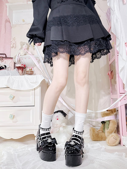 Polished Black Jirai Kei Rhinestone Decorated Heart-shaped Buckle Design Bow at Top Platform High Block Heels