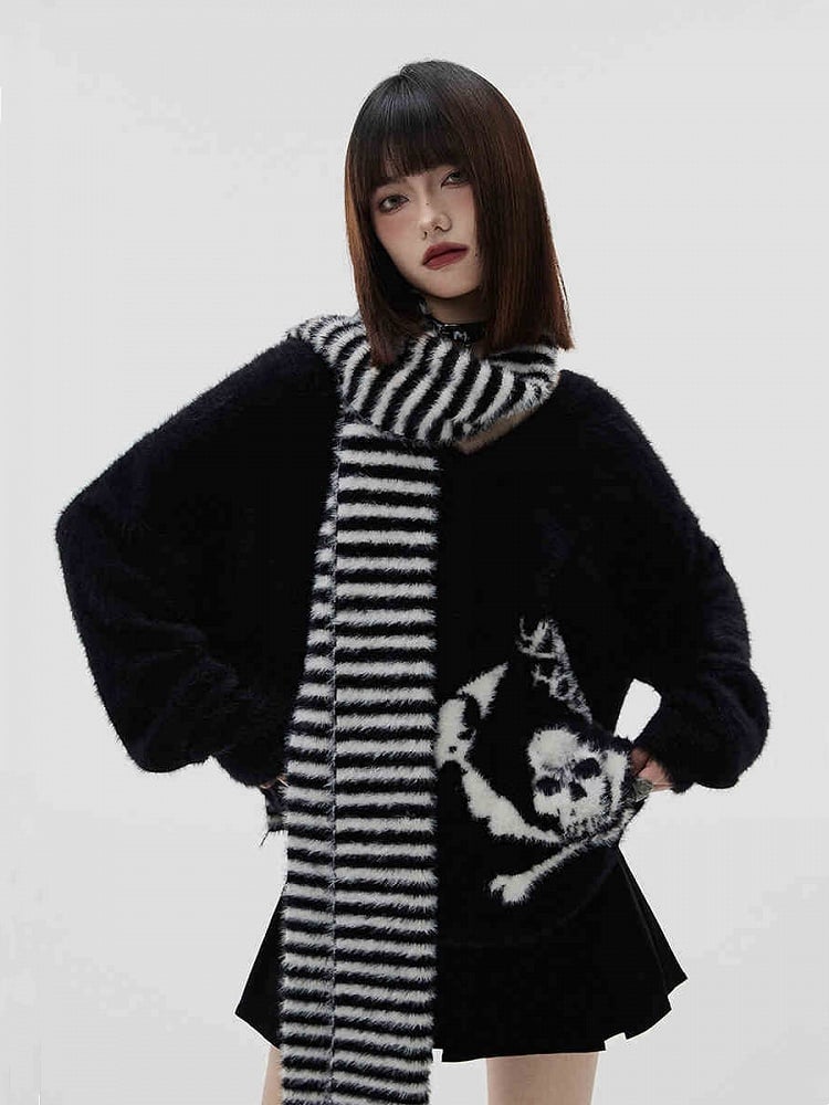 Black Punk Skeleton V-neck Oversized Sweater / Black and White Striped Scarf
