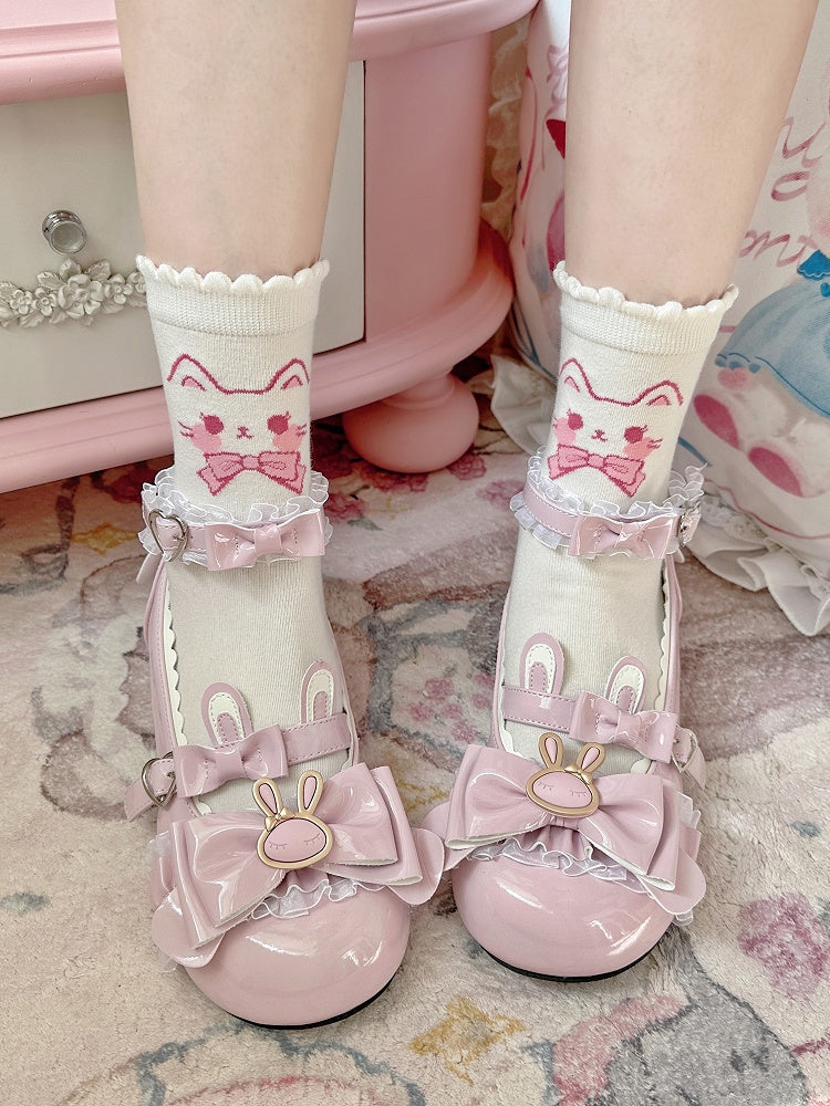 Pink White Kitty Print Lolita Ankle Socks