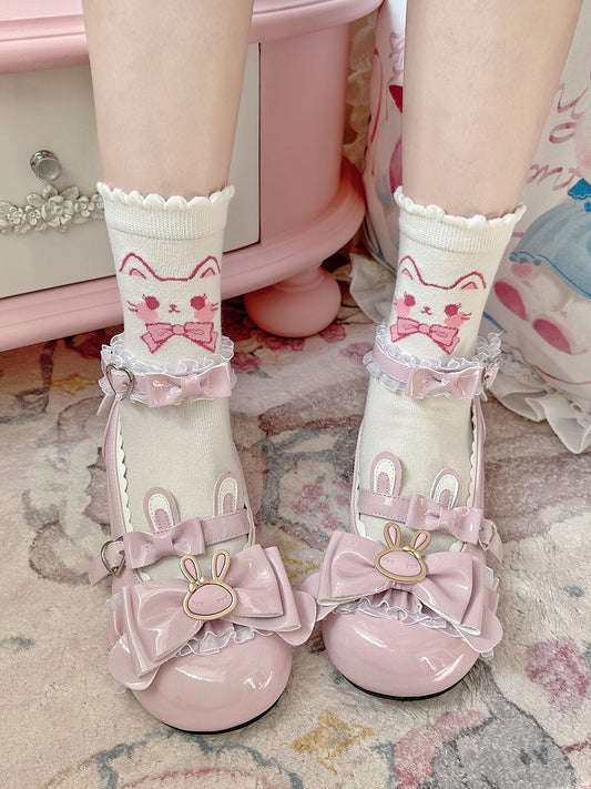 Pink White Kitty Print Lolita Ankle Socks